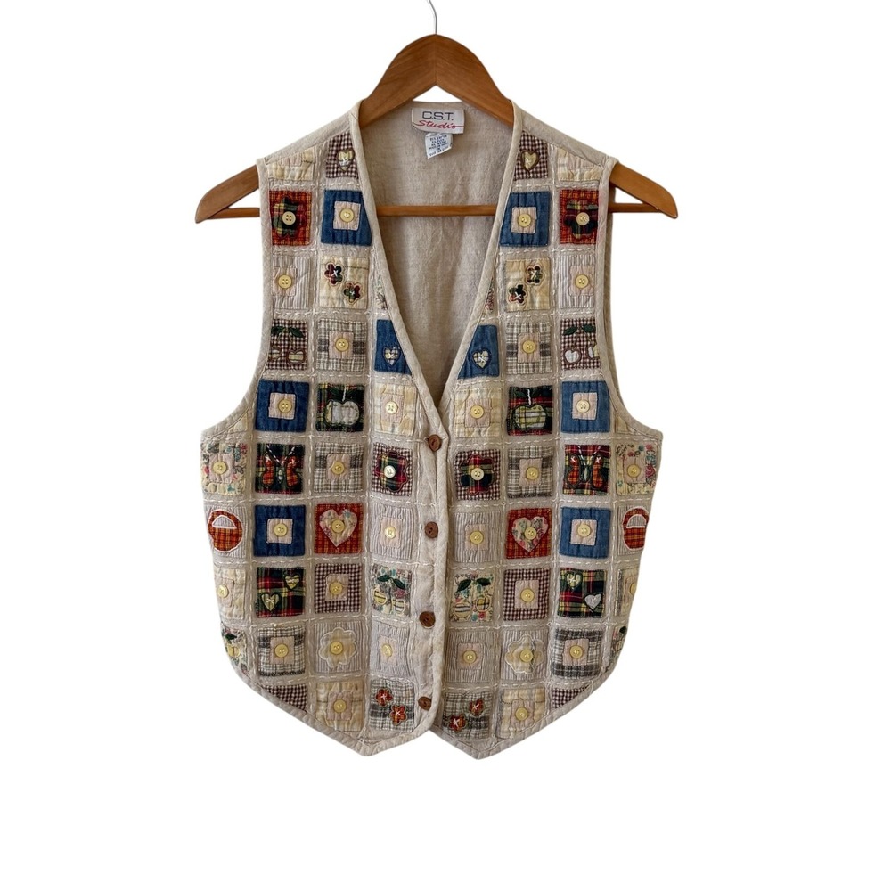 Vintage Patchwork Quilted Vest Womens M Multicolor Button Art To Wear Teacher